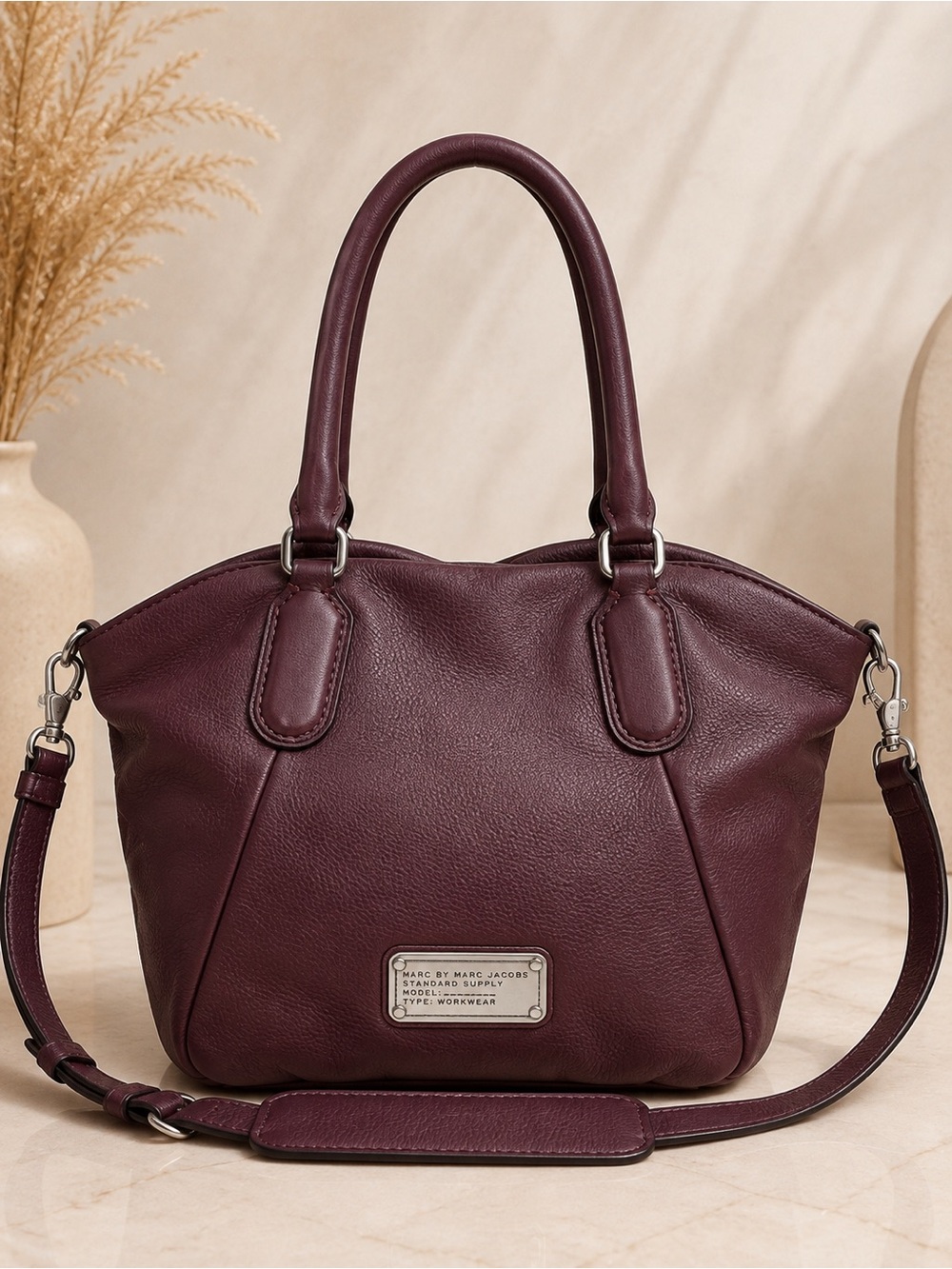 Marc by Marc Jacobs Burgundy Pebbled Leather Large Satchel Crossbody Bag